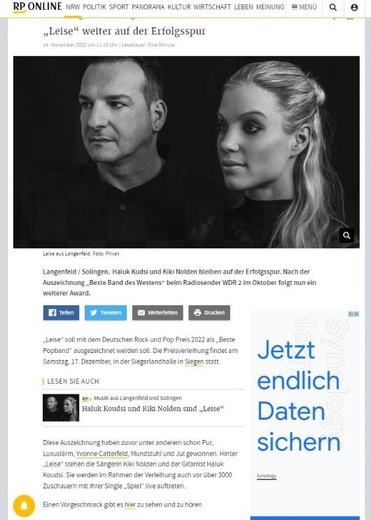 LEISE auf Erfolgsspur. Das Duo wird mit dem Deutschen Rock und Pop Preis ausgezeichnet.