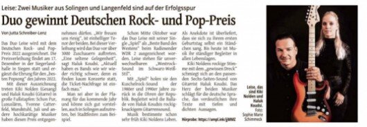 LEISE in der aktuellen Ausgabe des Solinger Tageblattes. Sie gewinnen den Deutschen Rock und Pop Preis. Sie gewinnen in der Kategorie "Beste Popband".