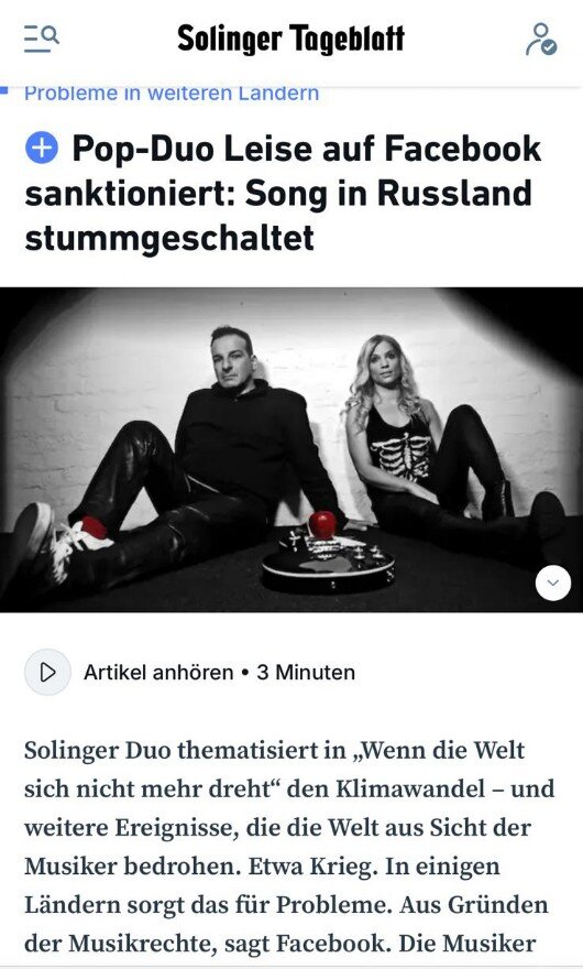 Ein Bericht über die neue LEISE Single "Wenn die Welt sich nicht mehr dreht" im Solinger Tageblatt.