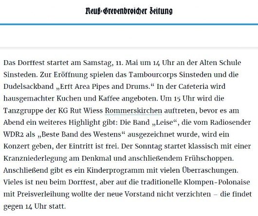 Ein Bericht über LEISE in der Neuss-Grevenbroicher Zeitung
