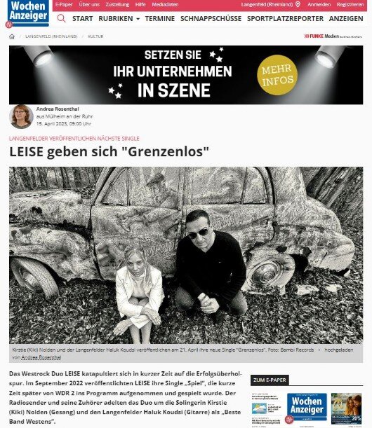 Ein Bericht über LEISE mit ihrer neuen Single "Grenzenlos" im Langenfelder Wochenanzeiger. 